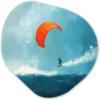 MuchoWow Organische wanddecoratie 40x40 cm - Organisch schilderij Kitesurfer - Oranje - Zee - Lucht - Muurdecoratie woonkamer - Kamer decoratie - Schilderijen - Muurcirkel aesthetic
