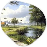 MuchoWow Organische wanddecoratie 40x40 cm - Organisch schilderij Zandpad - Groen landschap - Water - Muurdecoratie woonkamer - Kamer decoratie - Schilderijen - Muurcirkel aesthetic