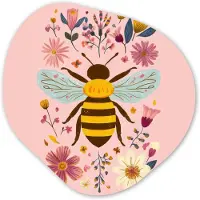 MuchoWow Organische wanddecoratie 90x90 cm - Organisch schilderij Bij - Geel - Bloemen - Kleurrijk - Muurdecoratie woonkamer - Kamer decoratie - Schilderijen - Muurcirkel aesthetic