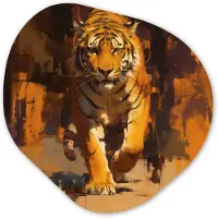 MuchoWow Organische wanddecoratie 60x60 cm - Organisch schilderij Tijger - Geschilderd - Oranje - Penseelstreken - Muurdecoratie woonkamer - Kamer decoratie - Schilderijen - Muurcirkel aesthetic