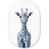 MuchoWow Muurovaal 80x120 cm - Ovale wanddecoratie Giraffe - Delfts blauw - Dieren - Minimalistisch - Ovalen schilderij - Muurdecoratie woonkamer - Kamer decoratie - Schilderijen - Wandcirkel