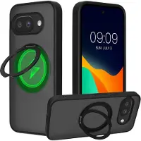 Kalibri Beschermhoes met ringhouder vppr Google Pixel 9a - Kickstand 360° harde hoes compatibel met MagSafe - zwart / mat transparant