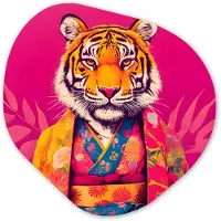 MuchoWow Organische wanddecoratie 60x60 cm - Organisch schilderij Tijger - Kimono - Planten - Roze - Muurdecoratie woonkamer - Kamer decoratie - Schilderijen - Muurcirkel aesthetic