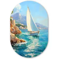 MuchoWow Muurovaal 60x90 cm - Ovale wanddecoratie Zeilboot - Rotsen - Kust - Huizen - Ovalen schilderij - Muurdecoratie woonkamer - Kamer decoratie - Schilderijen - Wandcirkel