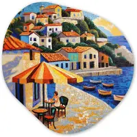 MuchoWow Organische wanddecoratie 60x60 cm - Organisch schilderij Kustdorp - Huisjes - Mozaïek - Zee - Muurdecoratie woonkamer - Kamer decoratie - Schilderijen - Muurcirkel aesthetic