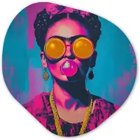 MuchoWow Organische wanddecoratie 40x40 cm - Organisch schilderij Vrouw - Kauwgom - Zonnebril - Oranje - Muurdecoratie woonkamer - Kamer decoratie - Schilderijen - Muurcirkel aesthetic