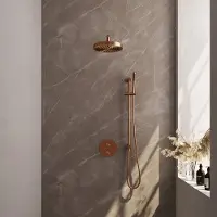 Brauer Stripe inbouw regendouche rond met 25cm hoofddouche, rond met gebogen muurarm, glijstang en staafhanddouche set 44 koper geborsteld PVD