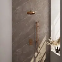 Brauer Stripe inbouw regendouche met 25cm hoofddouche, met gebogen muurarm, glijstang en staafhanddouche set 20 koper geborsteld PVD