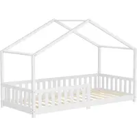 ML-Design Kinderbed Huisbed 90x200 cm wit gemaakt van dennenhout Houten bed met dak en lattenbodem ML design