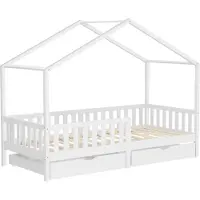 ECD-Germany Kinderbed Huisbed met 2 laden 90x200 cm wit gemaakt van dennenhout Houten bed met dak en lattenbodem ML design