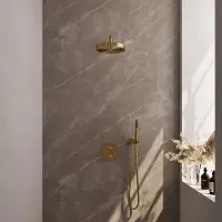 Brauer Stripe thermostatische inbouw regendouche 3-weg rond SET 38 met 25 cm douchekop en gebogen muurarm en staaf handdouche en doucheslang en wandaansluitbocht goud geborsteld PVD