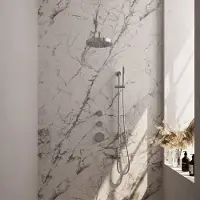 Brauer Stripe thermostatische inbouw regendouche SET 08 met 25 cm douchekop en gebogen muurarm en staaf handdouche en doucheslang en geintegreerde glijstang chroom