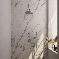 Brauer Stripe thermostatische inbouw regendouche SET 01 met 25 cm douchekop en rechte muurarm en staaf handdouche en doucheslang en wandaansluitbocht RVS-kleurig geborsteld PVD