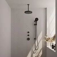 Brauer Stripe thermostatische inbouw regendouche SET 12 met 25 cm douchekop en plafondarm en 3-standen handdouche en doucheslang en geintegreerde glijstang mat zwart