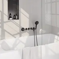 Brauer stripe thermostatische inbouw badkraan set 02 met uitloop en 3-standen handdouche en doucheslang en wandaansluitbocht gunmetal geborsteld pvd