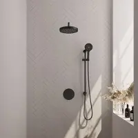Brauer Stripe thermostatische inbouw regendouche 3-weg rond SET 47 met 25 cm douchekop en gebogen muurarm en 3-standen handdouche en doucheslang en geintegreerde glijstang mat zwart