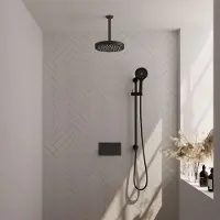 Brauer Stripe thermostatische inbouw regendouche met drukknoppen SET 36 met 25 cm douchekop en plafondarm en 3-standen handdouche en doucheslang en geintegreerde glijstang mat zwart