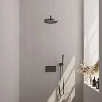 Brauer Stripe thermostatische inbouw regendouche met drukknoppen SET 26 met 25 cm douchekop en gebogen muurarm en staaf handdouche en doucheslang en wandaansluitbocht gunmetal geborsteld PVD