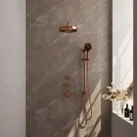 Brauer Stripe inbouw regendouche met 25cm hoofddouche, gebogen muurarm en 3 standen handdouche en glijstang set 11 koper geborsteld PVD