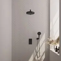 Brauer Stripe thermostatische inbouw regendouche 3-weg rechthoekig SET 16 met 25 cm douchekop en rechte muurarm en 3-standen handdouche en doucheslang en wandaansluitbocht mat zwart