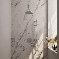 Brauer Stripe thermostatische inbouw regendouche 3-weg rond SET 44 met 25 cm douchekop en gebogen muurarm en staaf handdouche en doucheslang en geintegreerde glijstang chroom