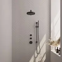 Brauer Stripe thermostatische inbouw regendouche SET 07 met 25 cm douchekop en rechte muurarm en staaf handdouche en doucheslang en geintegreerde glijstang mat zwart