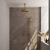 Brauer Stripe inbouw regendouche met 25cm hoofddouche, plafondarm, staafhanddouche en glijstang set 9 messing geborsteld PVD
