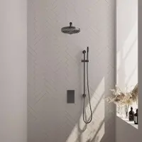 Brauer Stripe thermostatische inbouw regendouche 3-weg rechthoekig SET 19 met 25 cm douchekop en rechte muurarm en staaf handdouche en doucheslang en geintegreerde glijstang gunmetal geborsteld PVD