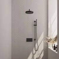 Brauer Stripe thermostatische inbouw regendouche met drukknoppen SET 32 met 25 cm douchekop en gebogen muurarm en staaf handdouche en doucheslang en geintegreerde glijstang mat zwart