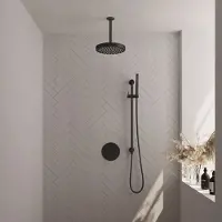 Brauer Stripe thermostatische inbouw regendouche 3-weg rond SET 45 met 25 cm douchekop en plafondarm en staaf handdouche en doucheslang en geintegreerde glijstang mat zwart