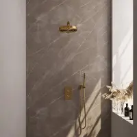 Brauer Stripe thermostatische inbouw regendouche 3-weg rechthoekig SET 13 met 25 cm douchekop en rechte muurarm en staaf handdouche en doucheslang en wandaansluitbocht goud geborsteld PVD