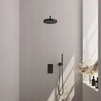 Brauer stripe thermostatische inbouw regendouche 3-weg rechthoekig set 14 met 25 cm douchekop en gebogen muurarm en staaf handdouche en doucheslang en