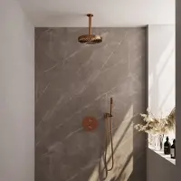 Brauer Stripe thermostatische inbouw regendouche 3-weg rond SET 39 met 25 cm douchekop en plafondarm en staaf handdouche en doucheslang en wandaansluitbocht koper geborsteld PVD