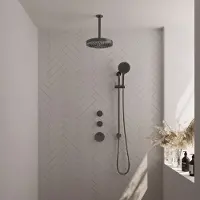 Brauer stripe thermostatische inbouw regendouche set 12 met 25 cm douchekop en plafondarm en 3-standen handdouche en doucheslang en geintegreerde