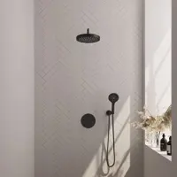 Brauer Stripe thermostatische inbouw regendouche 3-weg rond SET 41 met 25 cm douchekop en gebogen muurarm en 3-standen handdouche en doucheslang en wandaansluitbocht mat zwart