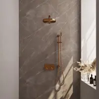 Brauer Stripe Inbouw Regendoucheset Met Drukknoppen - Rechte Wandarm - Staafhanddouche - Glijstang - Geborsteld Koper PVD - Messing - Kranen, - Kranen, Douchekranen, Douchesets, Inbouw douchesets
