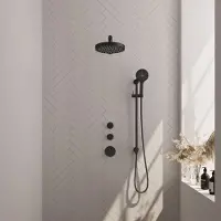Brauer Stripe thermostatische inbouw regendouche SET 10 met 25 cm douchekop en rechte muurarm en 3-standen handdouche en doucheslang en geintegreerde glijstang mat zwart
