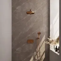 Brauer Stripe inbouw regendouche met 25cm hoofddouche, rechte muurarm en 3 standen handdouche set 28 koper geborsteld PVD