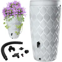 Kadax Regenton met in deksel geïntegreerde plantenbak, 240 l, regenton van kunststof, regenwatertank met kraan, vorstbestendige regentank (lichtgrijs)