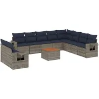 vidaXL 11-delige tuinbankset met kussens, grijs polyrotan