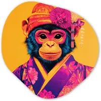 MuchoWow Organische wanddecoratie 40x40 cm - Organisch schilderij Aap - Kimono - Bloemen - Hoofdtooi - Muurdecoratie woonkamer - Kamer decoratie - Schilderijen - Muurcirkel aesthetic