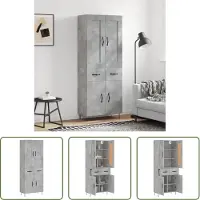 The Living Store Hoge Kast - Betongrijs - 69.5 x 34 x 180 cm - Duurzaam hout - Praktische deuren - Metalen voeten