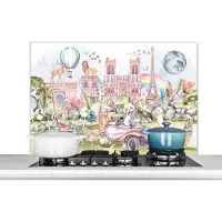 KitchenYeah Spatscherm keuken 100x65 cm - Kookplaat achterwand Parijs - Regenboog - Kinderen - Roze - Meisjes - Dieren - Muurbeschermer - Spatwand fornuis - Hoogwaardig aluminium