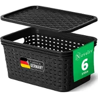 Novaliv set van 6 opbergdozen met deksel, mini 2L mand, zwart in rotan design, voedselveilige opbergmand, stapelbare dozen, nestbare kunststof, BPA-vrije doos, stofbakken met deksel