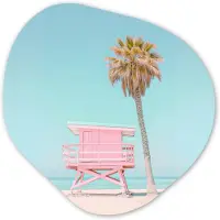 MuchoWow Organische wanddecoratie 90x90 cm - Organisch schilderij Palmboom - Strandhuis - Roze - Muurdecoratie woonkamer - Kamer decoratie - Schilderijen - Muurcirkel aesthetic