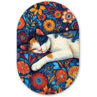 MuchoWow Muurovaal 60x90 cm - Ovale wanddecoratie Kat - Bloemenpatroon - Blauw - Oranje - Ovalen schilderij - Muurdecoratie woonkamer - Kamer decoratie - Schilderijen - Wandcirkel