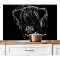 KitchenYeah Spatscherm keuken 120x80 cm - Kookplaat achterwand Schotse hooglander - Zwart - Muurbeschermer - Spatwand fornuis - Hoogwaardig aluminium