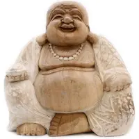 AW Gifts Boeddha Beeld Happy - Whitewash - Handgesneden - Suar Hout - 30x40x30cm