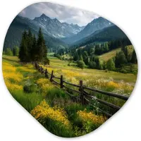MuchoWow Organische wanddecoratie 60x60 cm - Organisch schilderij Veld - Hek - Bergen - Bloemen - Muurdecoratie woonkamer - Kamer decoratie - Schilderijen - Muurcirkel aesthetic