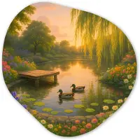 MuchoWow Organische wanddecoratie 60x60 cm - Organisch schilderij Eenden - Vijver - Bloemen - Muurdecoratie woonkamer - Kamer decoratie - Schilderijen - Muurcirkel aesthetic